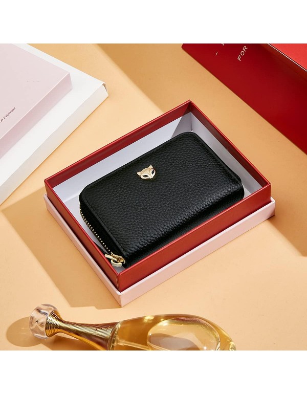 Small Credit Card Holders for Women, Genuine Leather RFID Blocking Gift Box Packing Ladies Mini Card Cases with Zipper Coin Pocket Women's Zip Around Card Holders Womens Small Zipper Purses (Black)