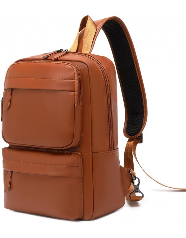 Water-Resistant Brown Sling Bag for Men and Women with Soft Microfiber Leather, Brown