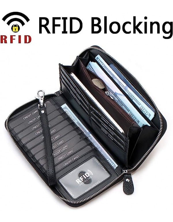 Womens Wallet RFID Blocking Genuine Leather Multi Credit Card Large Capacity Zip Around Clutch Travel Purse Wristlet