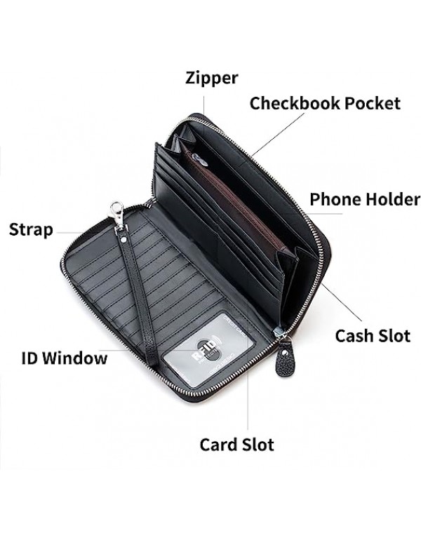 Womens Wallet RFID Blocking Genuine Leather Multi Credit Card Large Capacity Zip Around Clutch Travel Purse Wristlet