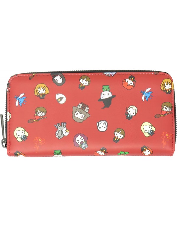 Harry Potter Chibi Characters Maroon Allover Print Zip Around Wallet