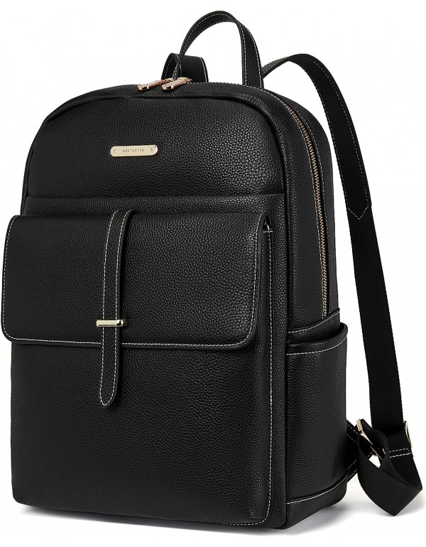 Leather Laptop Backpack for Women Large Capacity 15.6 inch Computer Bag Casual College Daypack Travel Bag Black