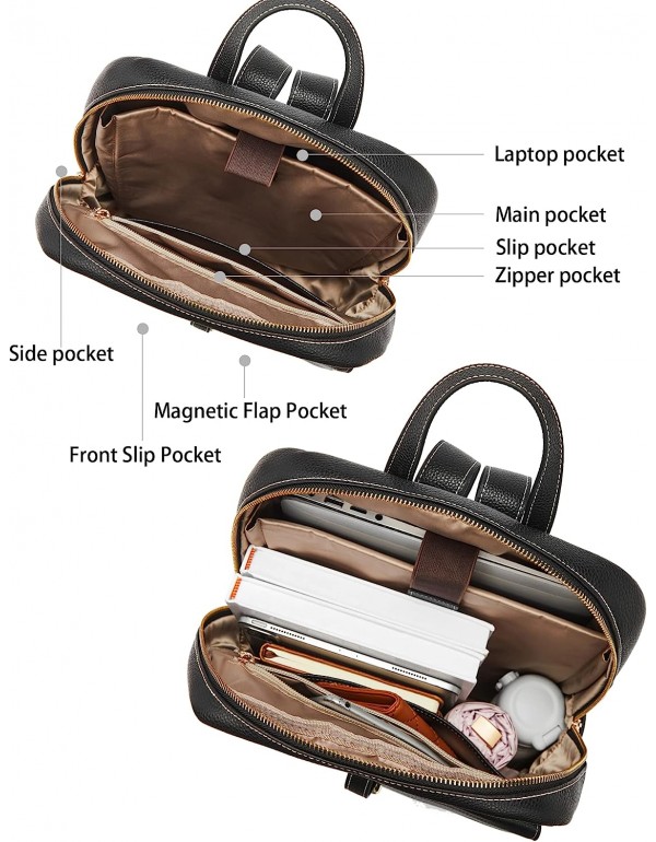 Leather Laptop Backpack for Women Large Capacity 15.6 inch Computer Bag Casual College Daypack Travel Bag Black