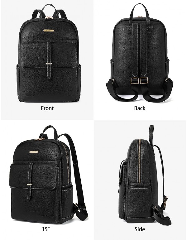 Leather Laptop Backpack for Women Large Capacity 15.6 inch Computer Bag Casual College Daypack Travel Bag Black