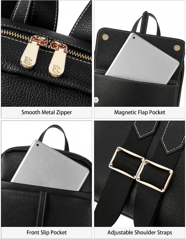 Leather Laptop Backpack for Women Large Capacity 15.6 inch Computer Bag Casual College Daypack Travel Bag Black