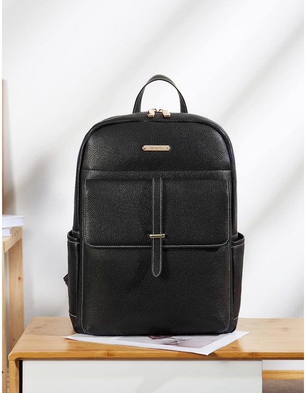 Leather Laptop Backpack for Women Large Capacity 15.6 inch Computer Bag Casual College Daypack Travel Bag Black